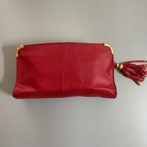 BCBG Red Leather Clutch with Tassel and Gold Hardware